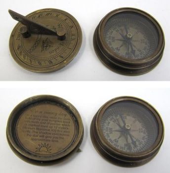 BR483949 - Engraved Brass Titanic Compass With Folding Sundial, Screw-On Lid, Round Base